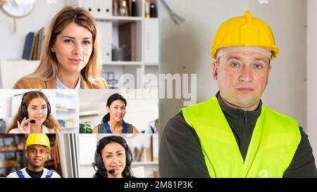 Screen of video call between managers and engineers Stock Photo