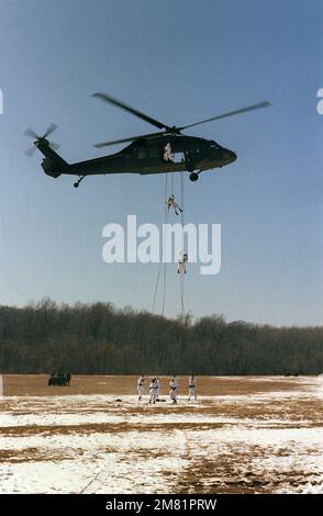 Members of the 4/187th Infantry Battalion rappel from a hovering UH-60 Black Hawk helicopter during a demonstration for the Association of the US Army (AUSA). Base: Fort Campbell State: Kentucky (KY) Country: United States Of America (USA) Stock Photo
