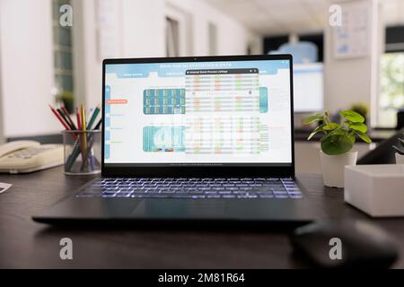 Close up view of laptop display with leading financial data software in a investment trading company. Empty workstation in the morning with plant and work equipment on desk. Stock Photo