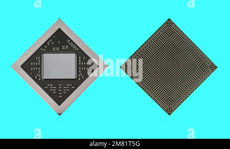 microcircuit, video chip for a laptop, view from two sides, on a blue background in isolation Stock Photo