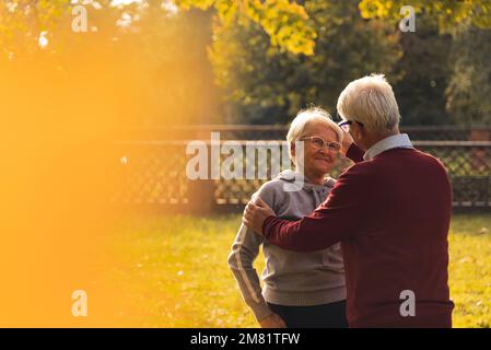 Grey-haired senior couple looking at each other, standing in the park. High quality photo Stock Photo