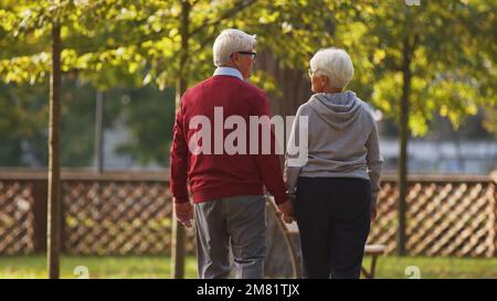 Back view of loving old man and woman holding hands in the park . High quality photo Stock Photo