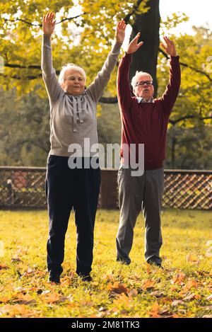Senior man and woman exercising in the park . High quality photo Stock Photo