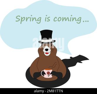 Groundhog in a hat with a cup coming out of his hole and a shadow with lettering Spring is coming. Happy Groundhog day. Isolate. Sticker. Icon. Good for poster, banner or price, cards, brochures. EPS Stock Vector