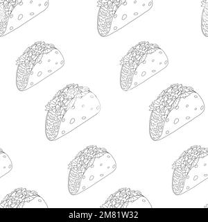 Endless pattern with Tacos from meat, lettuce and vegetables. Traditional Latin American cuisine. Mexican food. Isolate. Good for poster, banner, menu, brochure or label, price or web wallpaper. EPS Stock Vector