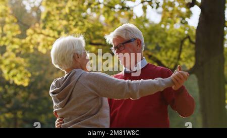 Happy mature grey-haired couple dancing in the park. High quality photo Stock Photo