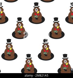 Seamless pattern of Groundhog in a hat with a a bouquet tulip flowers his paws coming out of his hole. Happy Groundhog day. Isolate. Abstract background texture. Good for poster, print, wrapping. EPS Stock Vector