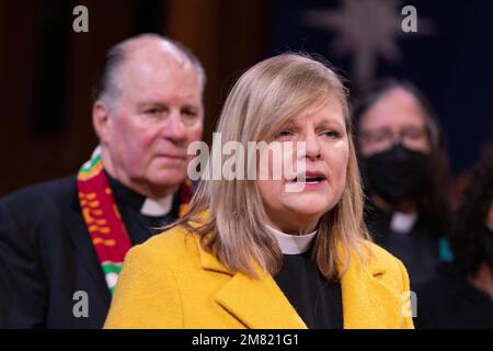 Portland, USA. 11th Jan, 2023. Bishop Laurie Larson Caesar of the Evangelical Lutheran Church in America, speaks. ‘Lift Every Voice', an Oregon-based group of clergy who spearheaded the passage of gun-safety measure 114 in November, held a wide-ranging press conference on January 11, 2023, in Portland, Oregon. In the setting of legal actions challenging some parts of the law, and court decisions allowing other parts, the religious leaders and activists vow to press on for full implementation. (Photo by John Rudoff/Sipa USA) Credit: Sipa USA/Alamy Live News Stock Photo