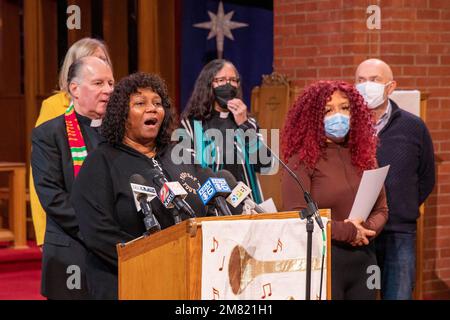 Portland, USA. 11th Jan, 2023. Marilyn Keller is one of the chief petitioners for measure 114. ‘Lift Every Voice', an Oregon-based group of clergy who spearheaded the passage of gun-safety measure 114 in November, held a wide-ranging press conference on January 11, 2023, in Portland, Oregon. In the setting of legal actions challenging some parts of the law, and court decisions allowing other parts, the religious leaders and activists vow to press on for full implementation. (Photo by John Rudoff/Sipa USA) Credit: Sipa USA/Alamy Live News Stock Photo