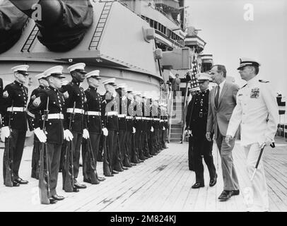 Vice President George Bush reviews an honor guard from the US Marine detachment assigned aboard the battleship USS IOWA (BB 61), prior to the recommissioning ceremony for the ship at Ingalls Shipbuilding division of Litton. Base: Pascagoula State: Mississippi (MS) Country: United States Of America (USA) Stock Photo