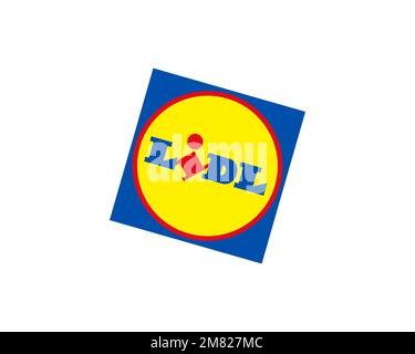 Lidl, rotated logo, white background B Stock Photo