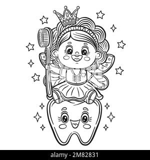 Cute tooth fairy princess with toothbrush outline icon. Children coloring book page. Kid medical dentistry. Magic girl butterfly. Teeth hygiene vector Stock Vector