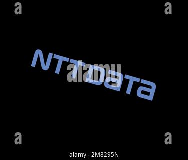 NTT Data, rotated logo, black background B Stock Photo