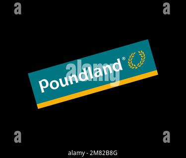 Poundland, rotated logo, black background Stock Photo