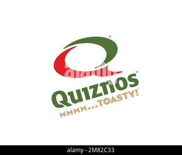 Quiznos, rotated logo, white background Stock Photo