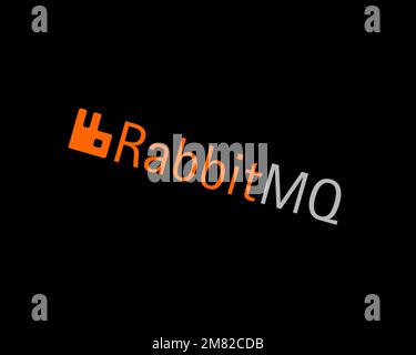 RabbitMQ, rotated logo, black background B Stock Photo