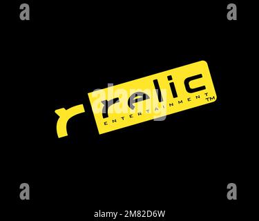 Relic Entertainment Company, Rotated Logo, Black Background Stock Photo