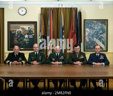 840628-D-9880W-002. [Complete] Scene Caption: This is an official photograph of members of the Joint STAFF taken on June 28, 1984, showing (left to right): U.S. Navy Vice Adm. Arthur S. Moreau, Jr., Assistant to the Chairman of the Joint Chiefs of STAFF; U.S. Army LT. GEN. Fred K. Mahaffey, U.S. Army Deputy CHIEF of STAFF, Operations and Plans, and Director, Washington Headquarters Services; U.S. Army LT. GEN. Jack N. Merritt, Director, Joint STAFF; U.S. Marine Corps LT. GEN. Bernard E. Trainor, Deputy CHIEF of STAFF for Plans, Policies, and Operations, Headquarters Marine Corps; and U.S. Air Stock Photo