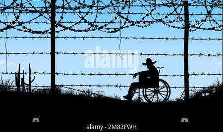 A man in a wheelchair wearing a Mexican sombrero is dejected because he cannot cross the border from Mexico into the  USA in an illustration about peo Stock Photo