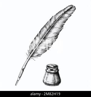 Hand drawn quill pen with an inkwell vector Stock Vector
