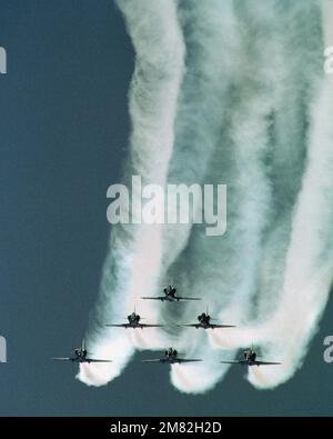 An air-to-air front view of an A-4F Skyhawk aircraft assigned to the Blue Angels flight demonstration team in a six-ship formation. Country: Unknown Stock Photo