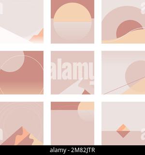 Minimal pink sunset geometric scenery background vector collection Stock Vector