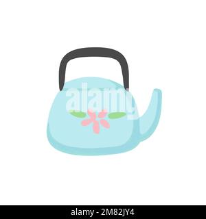 Hand drawn illustration of cute blue teapot in simple modern style isolated on white background. Vector design element. Stock Vector