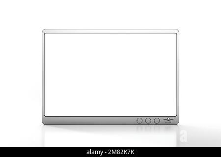 Modern silver computer monitor mockup isolated on white background with circle button, Screen with blank with copy space for a text, 3d rendering Stock Photo