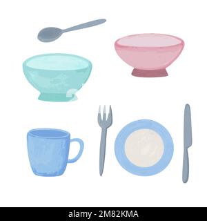 Hand drawn illustration of tableware in simple graphic modern style isolated on white background. Vector design element. Stock Vector