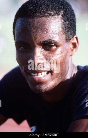 US Air Force AIRMAN 1ST Class Owen Hamilton from Wright-Patterson Air Force Base, Ohio, a member of the Jamaican track and field team competing at the 1984 Summer Olympics. Base: Los Angeles State: California (CA) Country: United States Of America (USA) Stock Photo