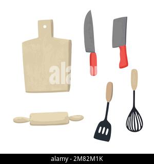 Hand drawn illustration of knives and kitchenware in simple style isolated on white background. Vector design element. Stock Vector