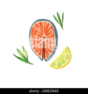 Illustration of salmon slice in hand drawn watercolor style isolated on white background. Vector design element.  Stock Vector