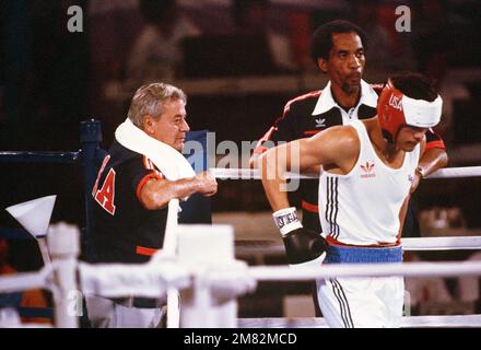 Army MASTER Sergeant Pat Nappi from Syracuse, New York, is a coach for the boxing team competing at the 1984 Summer Olympics. Base: Los Angeles State: California (CA) Country: United States Of America (USA) Stock Photo