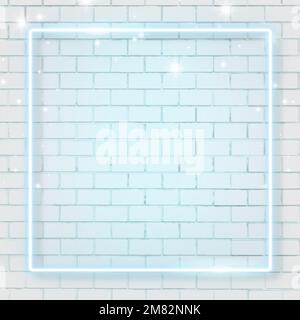 Square blue neon frame on brick wall background vector Stock Vector