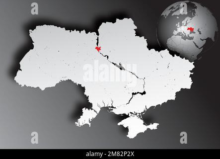 Map of Ukraine with rivers and lakes and Earth globe with Ukraine in red. Hand made. Please look at my other images of cartographic series - they are Stock Vector