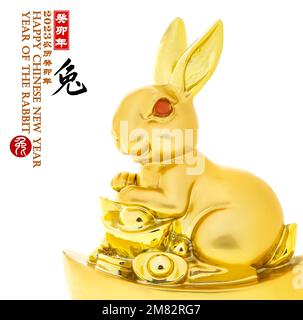 Tradition Chinese golden rabbit statue,2023 is year of the rabbit,Chinese characters translation: 'rabbit'.leftside word and seal mean:Chinese calenda Stock Photo