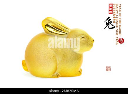 Tradition Chinese golden rabbit statue,2023 is year of the rabbit,Chinese characters translation: 'rabbit'.rightside wording and seal mean:Chinese cal Stock Photo