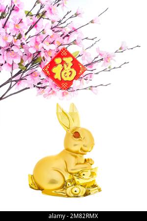 Tradition Chinese golden rabbit statue rat,2023 is year of the rabbit,chinese seal mean:Chinese calendar for the year. Stock Photo