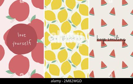 Vector fruit pattern quote social media story template set Stock Vector