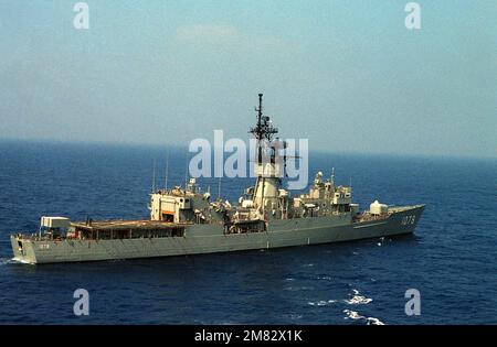 An aerial starboard quarter view of the Knox Class frigate USS JOSEPH HEWES (FF-107B) underway. Country: Unknown Stock Photo