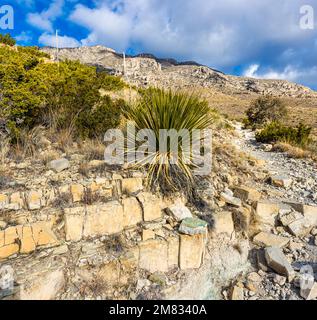 Large Boulders and Rugged Mountains Along The Smith Spring Trail Near The Historic Frijole Ranch, Guadalupe National Park, Texas, USA Stock Photo