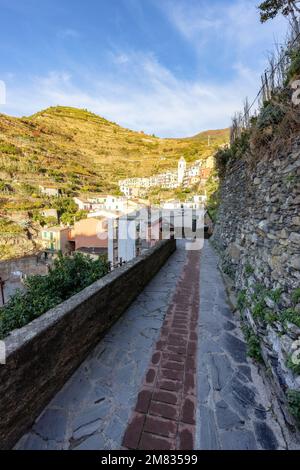 Pathway in touristic town, Manarola, Italy. Cinque Terre Stock Photo