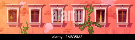 Old apartment house facade with flower pots in classic window frames, cracks and damages on red brick wall, vintage outdoor lamps. Urban architecture. Neighborhood concept. Cartoon vector illustration Stock Vector