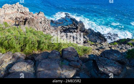 Large Waves Washing Over The Olivine Pools, Maui, Hawaii, USA Stock Photo