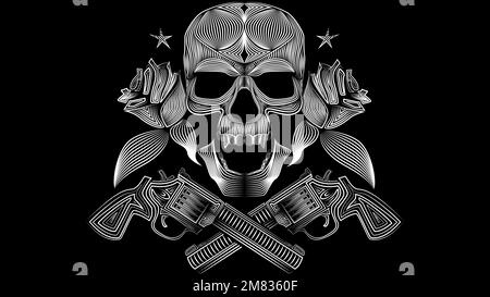 An illustration of black and white skull bone, roses, and guns art isolated on a dark background Stock Photo