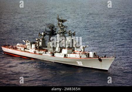 Aerial starboard bow view of the Soviet Kashin Class guided missile destroyer USS KRASNY-KAVKAZ underway. Country: Unknown Stock Photo