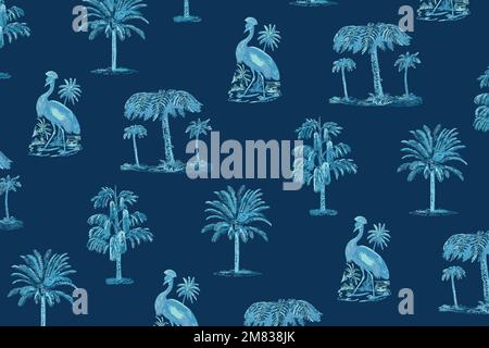 Tropical pattern vector summer background in blue tone Stock Vector
