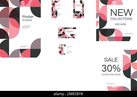 Pink geometric patterned poster and business card template vector set Stock Vector