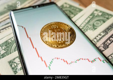 Smartphone with Bitcoin trading chart . gold Bitcoin Cash coin. Trading on the cryptocurrency exchange. Stock Photo