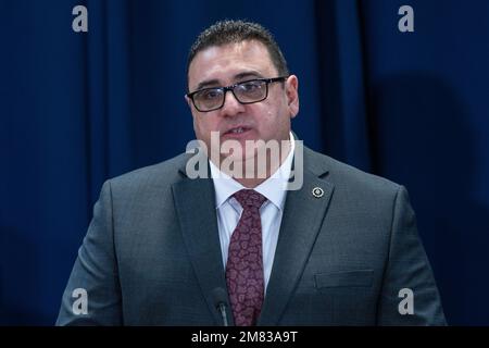 Chief Joseph Gulotta of Brooklyn South speaks during press conference on new gun trafficking arrests by US Attorney Breon Peace at US Attorney office in New York on January 11, 2023 Stock Photo